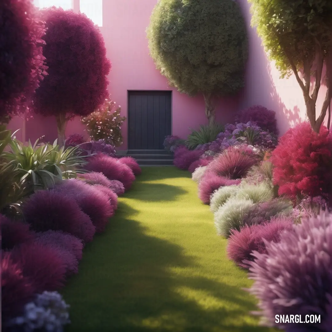 Garden with a pink building and trees and grass and bushes and bushes and a door in the center. Example of #B03060 color.