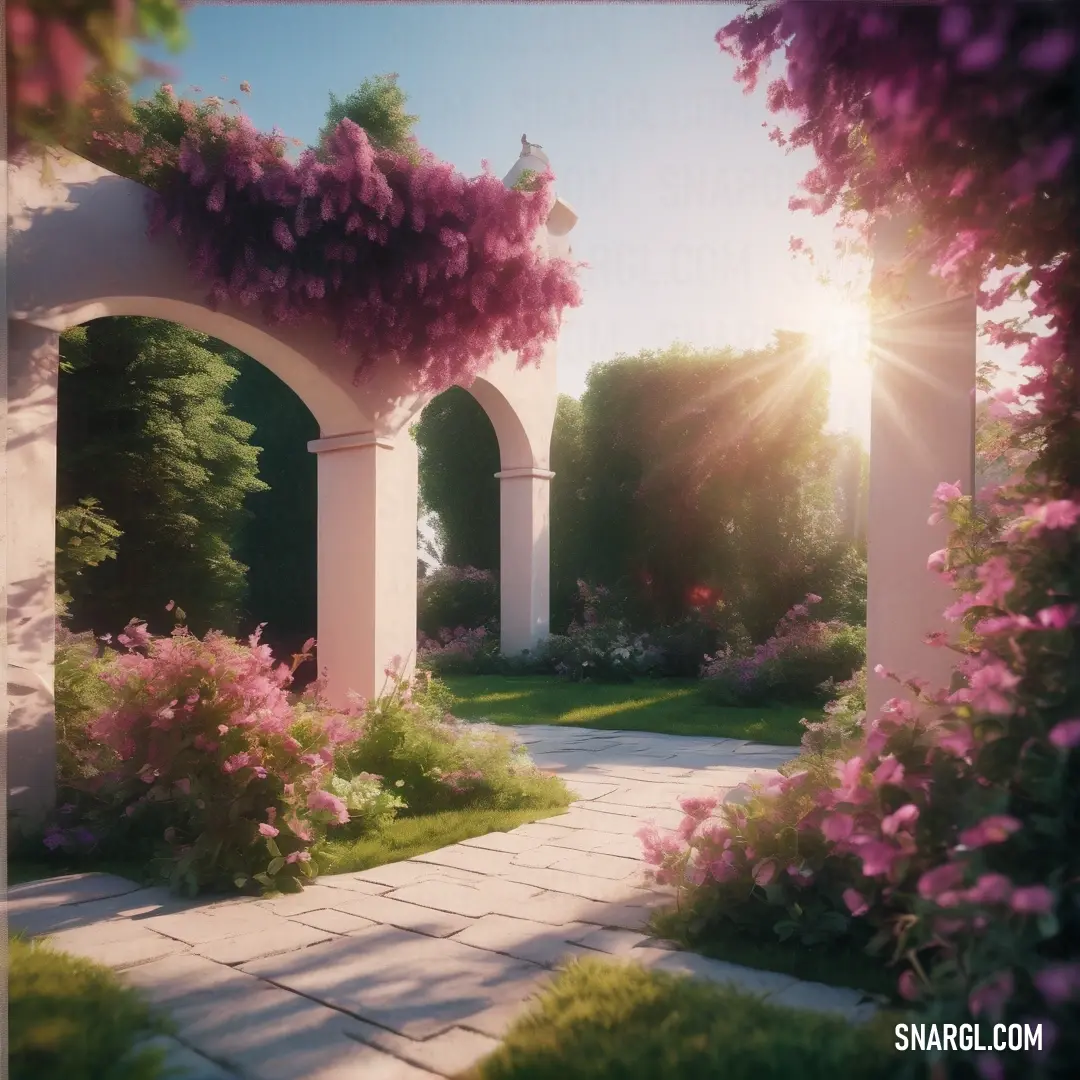 Rich maroon color example: Garden with a walkway and flowers on it and a sun shining through the trees and bushes on the other side