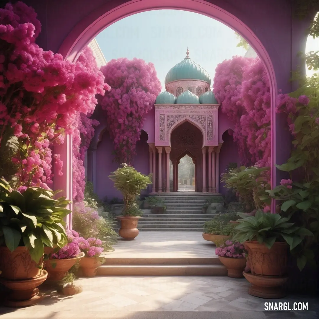 Pink and white building with a pink archway and steps leading to it and potted plants and flowers. Color Rich maroon.