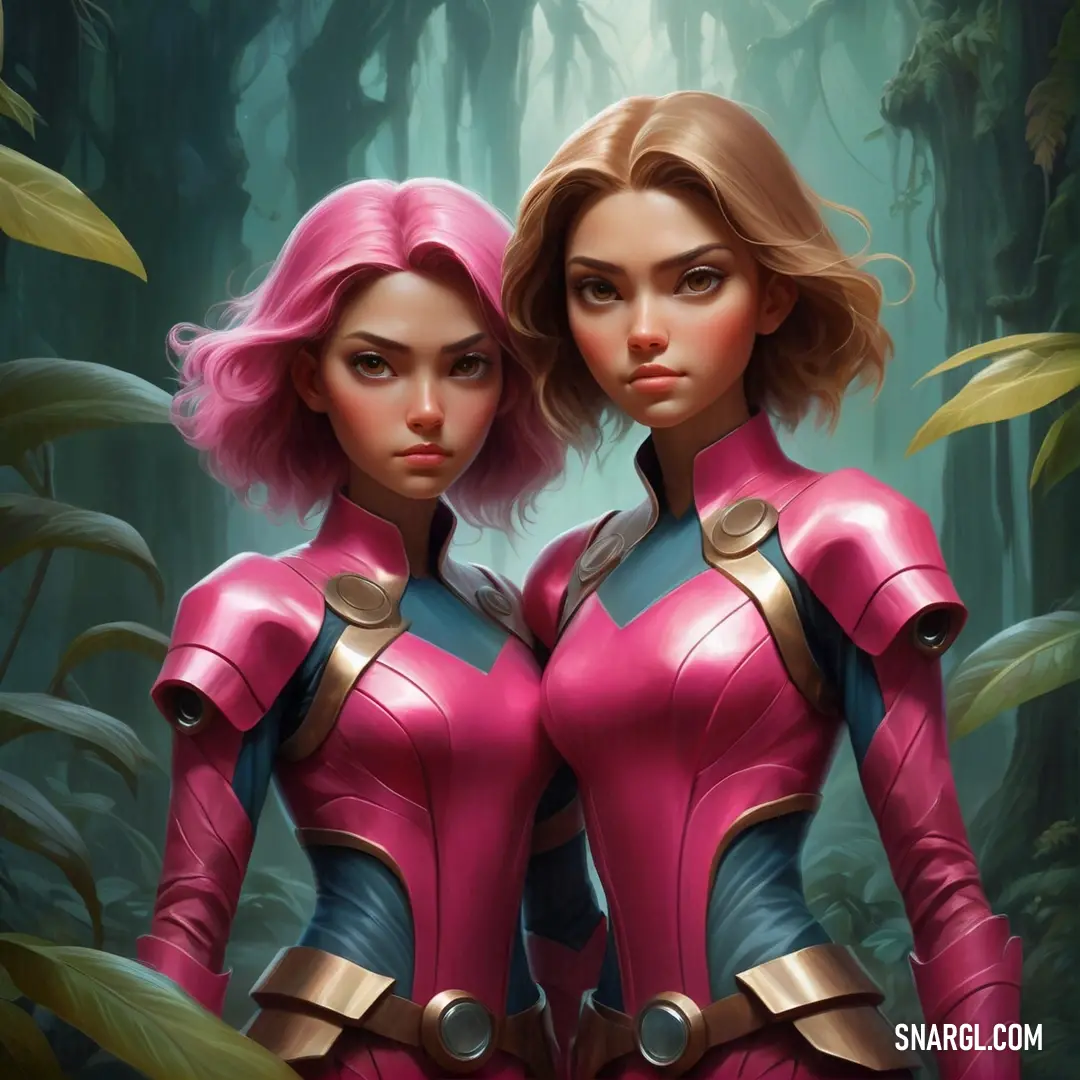 Rich maroon color. Two women in pink and blue outfits standing in a forest with trees and plants behind them