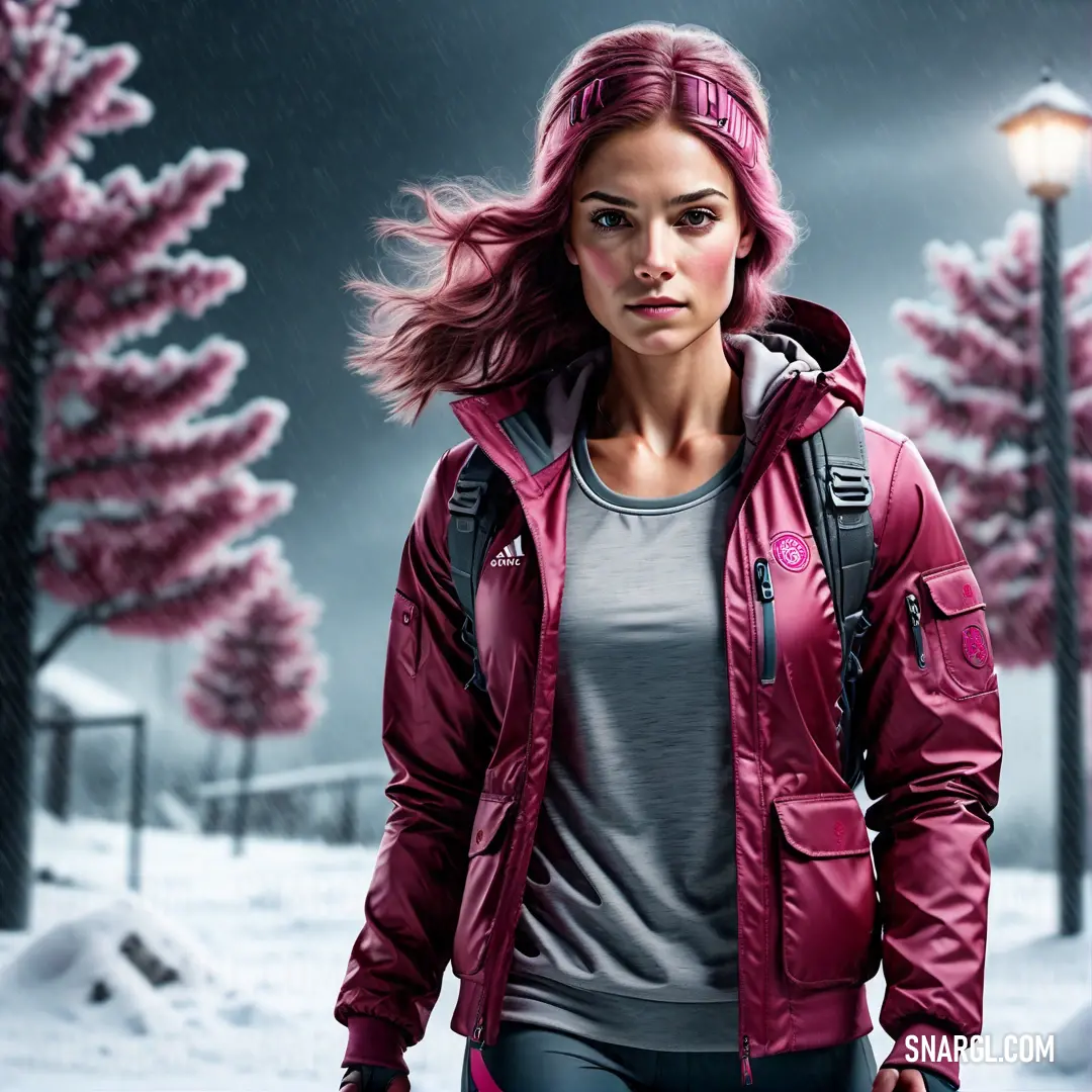 Woman in a pink jacket is walking in the snow with a backpack on her shoulder and a street light in the background
