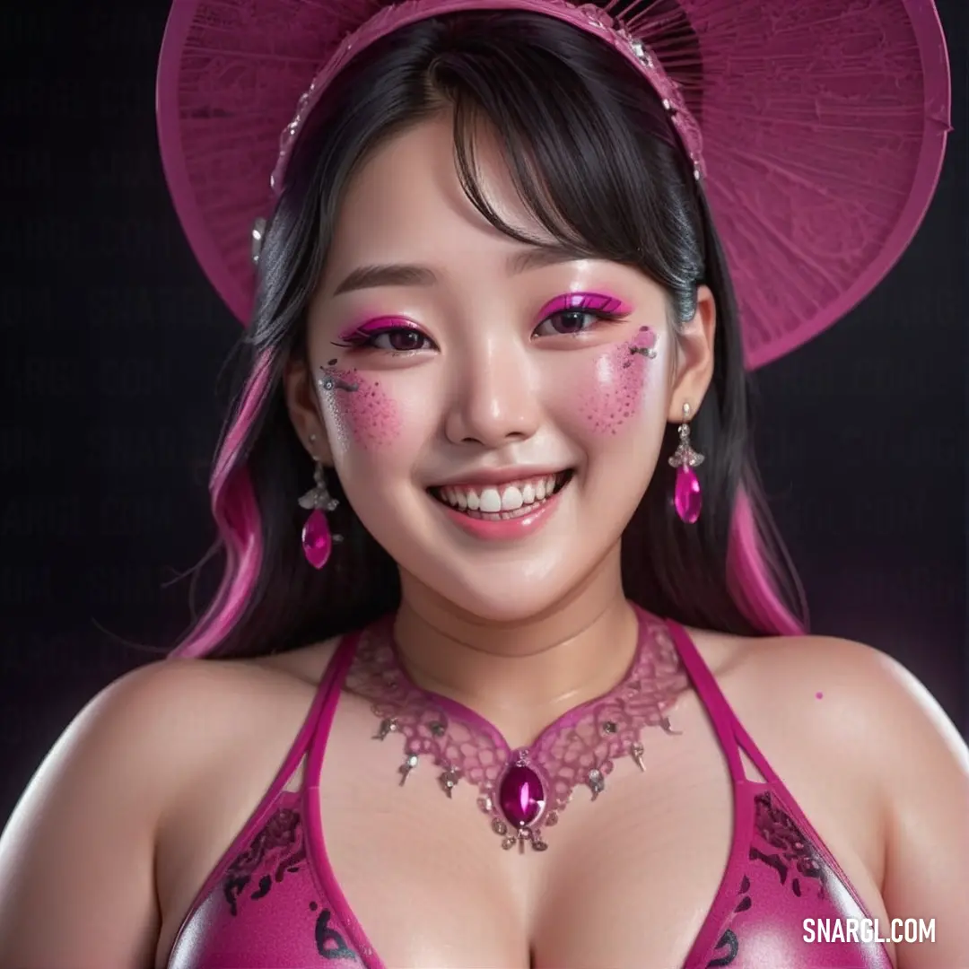 Woman with pink makeup and a pink hat on her head and a pink bra top on her chest. Example of CMYK 0,73,45,31 color.