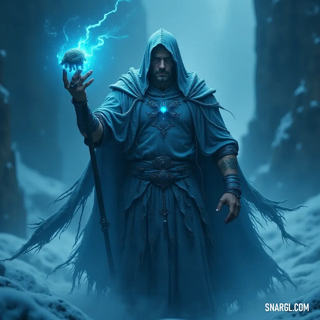 Amidst a serene snowy expanse, a hooded figure clutches a shimmering orb, while the crackle of lightning dances in the icy air, infusing the moment with palpable energy. A cloaked figure in a snowy landscape holds a pulsating glowing orb, with dramatic lightning illuminating the scene, creating a mysterious and powerful atmosphere.