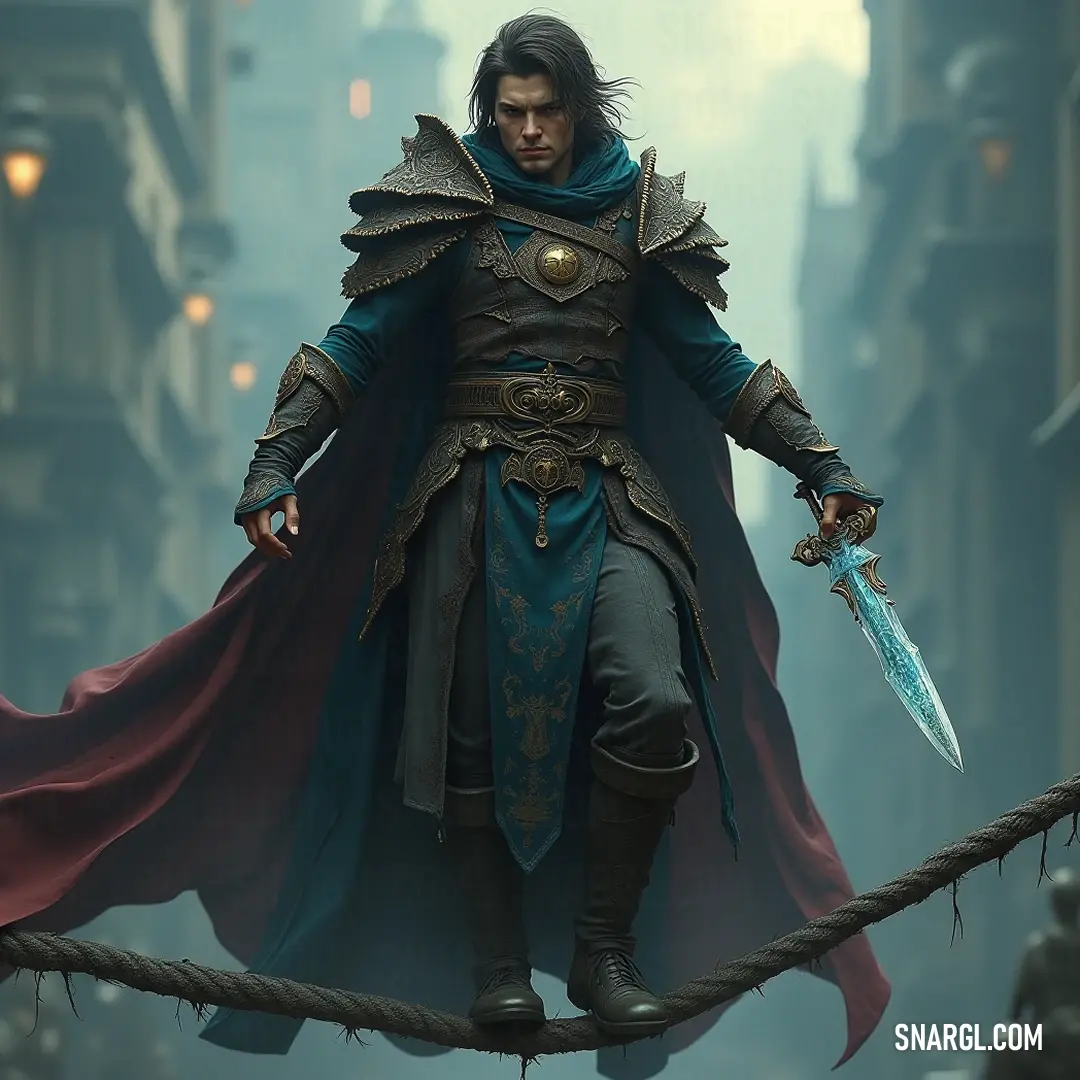 Suspended mid-step on a fragile rope bridge, a figure clad in a detailed medieval costume brandishes a sword, the backdrop a breathtaking view of nature, merging adventure with a hint of peril high above the ground.