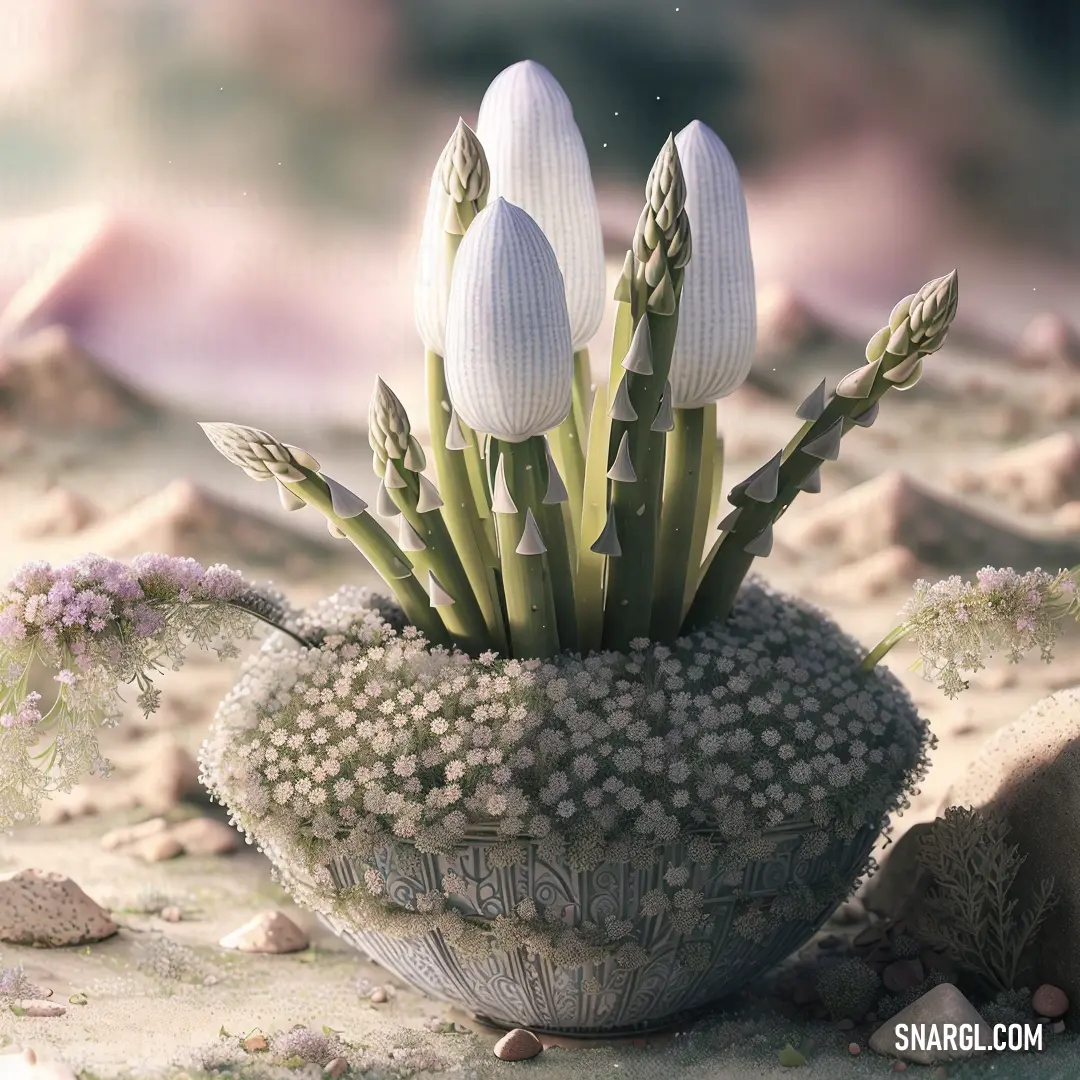 Cactus with flowers in a desert scene with rocks and sand in the background