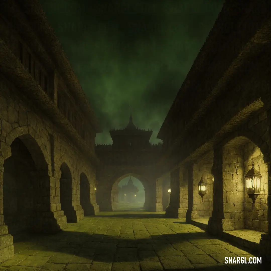 Dark alley with a clock tower in the distance at night time with a green glow on the sky