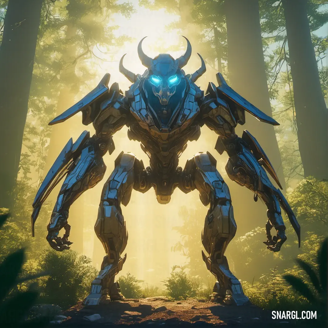 Giant robot standing in the middle of a forest with a bright light behind it and a halo of blue lights. Example of Rifle green color.