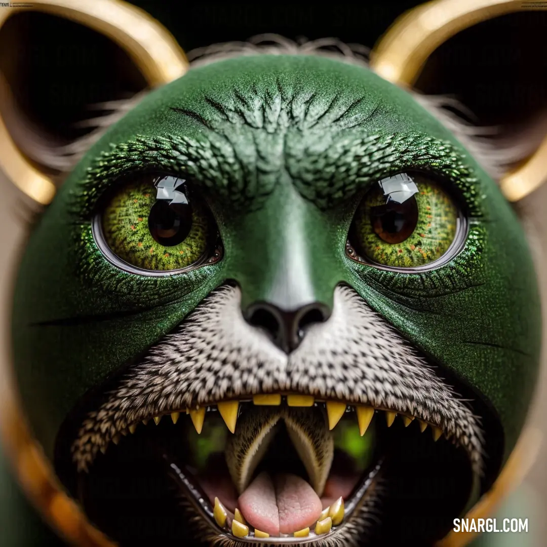 Green and gold animal with big eyes and a big grin on its face and mouth