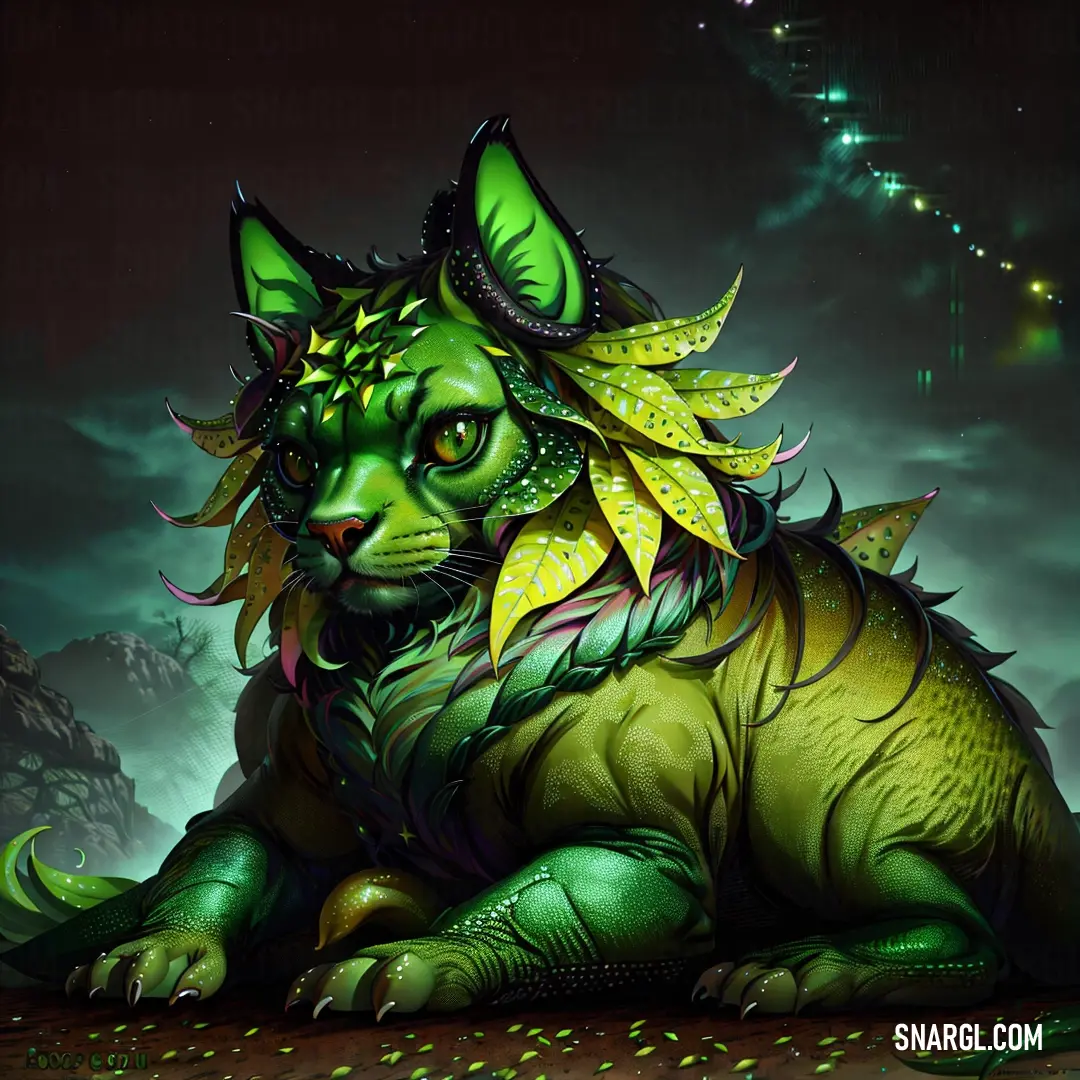 Green cat with a dragon like head on a ground with a sky background and stars in the sky