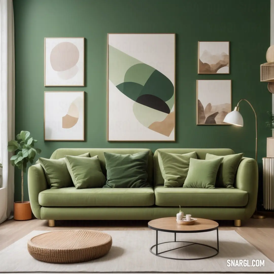 Living room with green walls and a green couch and coffee table. Example of CMYK 10,0,29,72 color.