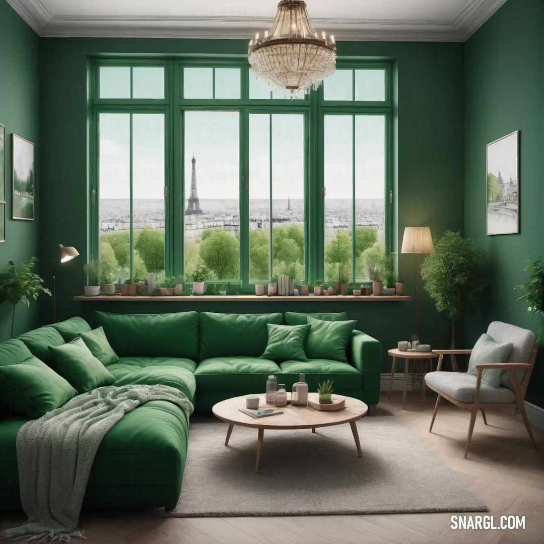Living room with green walls and a large window with a view of the eiffel tower in the distance. Color RGB 65,72,51.