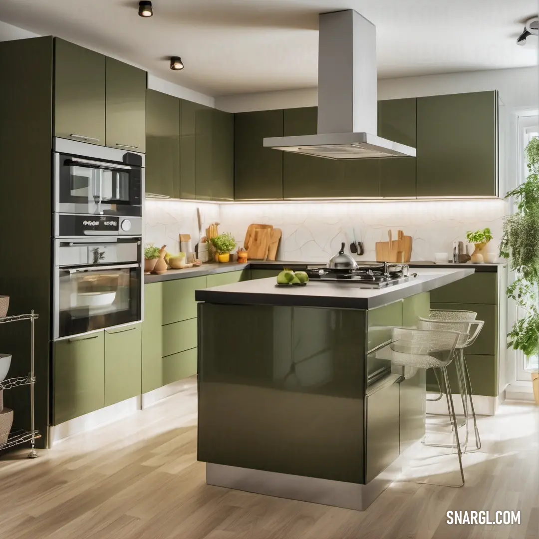Rifle green color example: Kitchen with a stove, oven, sink and a dining table in it and a potted plant