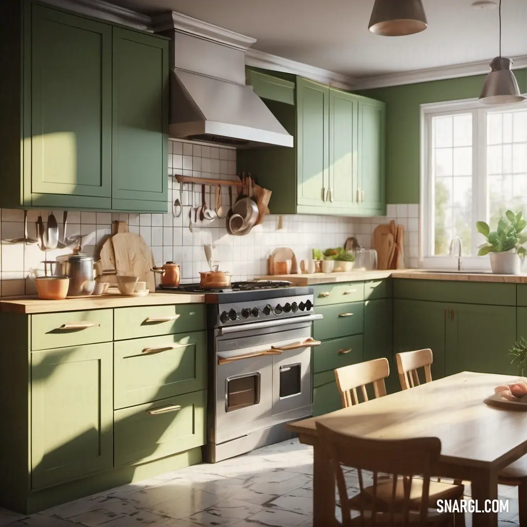 Rifle green color example: Kitchen with green cabinets and a table with chairs and a stove and a window with a potted plant