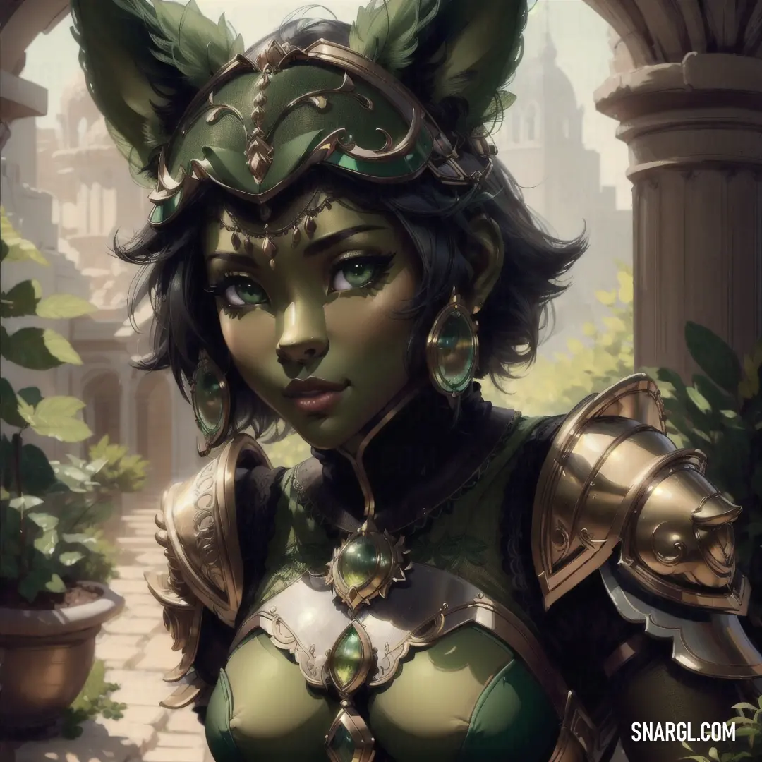 Woman in a green outfit with horns and ears on her head