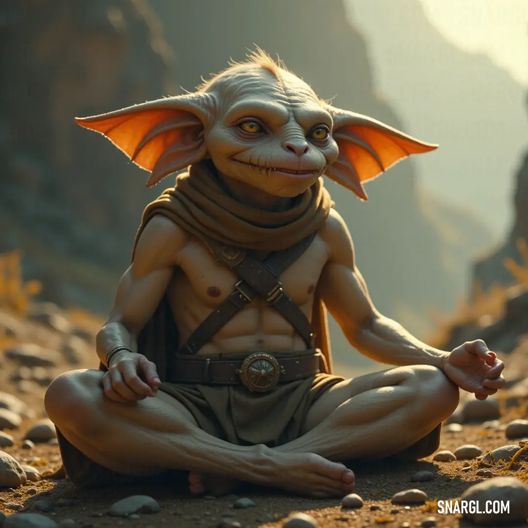 A serene figure resembling a wise sage is seated in a meditative pose, eyes open and hands gracefully positioned in front of him, radiating tranquility and wisdom in a peaceful environment of harmony.