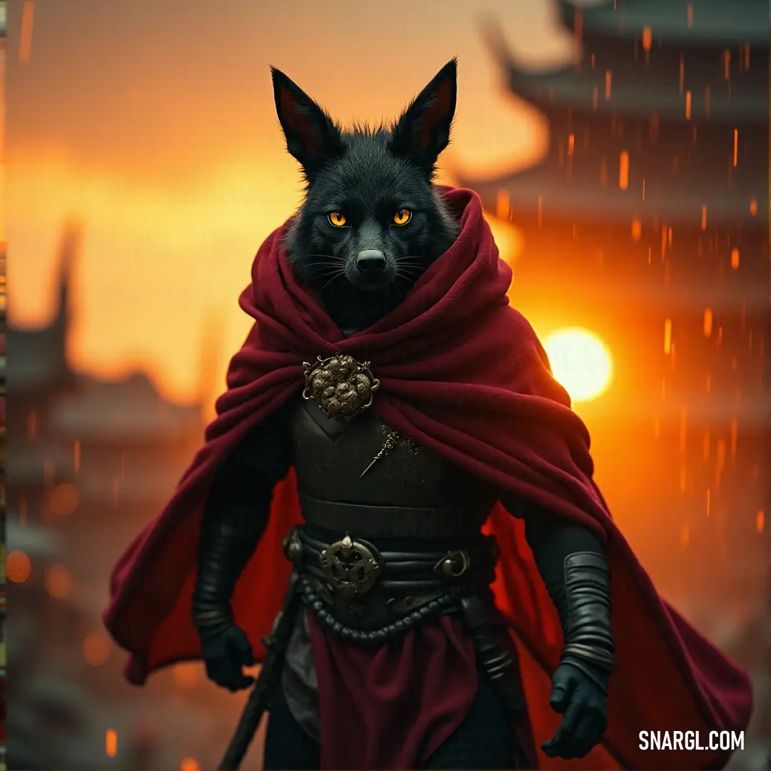 A striking black wolf dressed in a red cape and a hooded cloak, standing tall with an imposing presence in a rugged environment. A powerful black wolf draped in a crimson cape and a hooded cloak, exuding an air of authority and mystery in the wilderness.