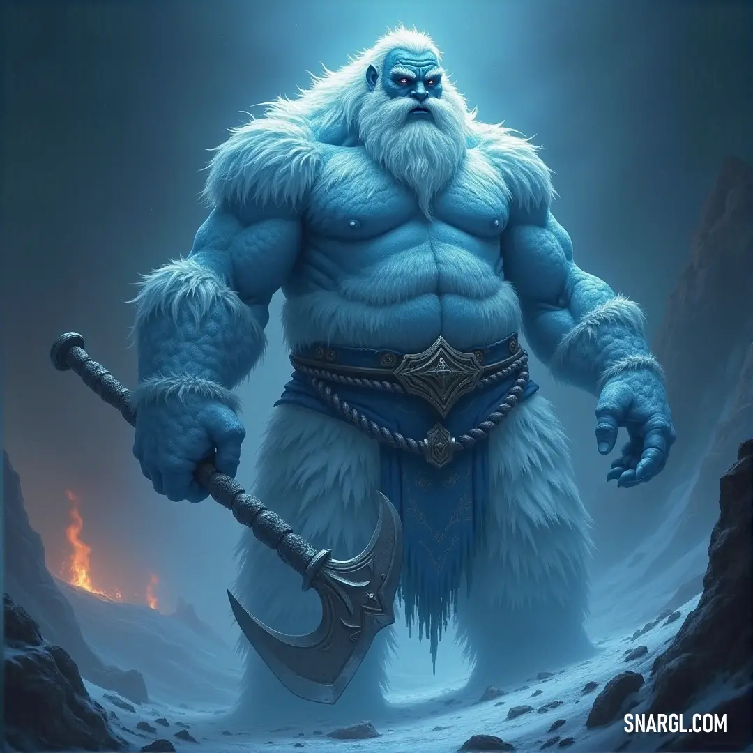 Rime Giant with blue and white markings wielding a massive axe, illuminated by a mysterious glowing light that highlights its mighty presence. A formidable blue and white Rime Giant stands tall, gripping a large axe. A glowing light radiates from behind the giant, casting a dramatic glow that enhances the strength and power of this mythical creature.
