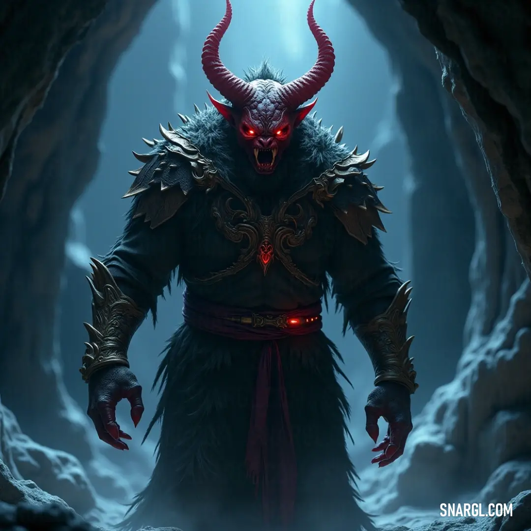 A demonic entity named Rimmon in a shadowy cave, with glowing eyes and twisted horns. Light shines through his eyes, creating an ominous atmosphere. A terrifying demonic figure, Rimmon, stands in a dimly lit cave. His horns curl upward as glowing red eyes pierce the darkness. A beam of light shines directly through his eyes, casting eerie shadows around the cavernous space.