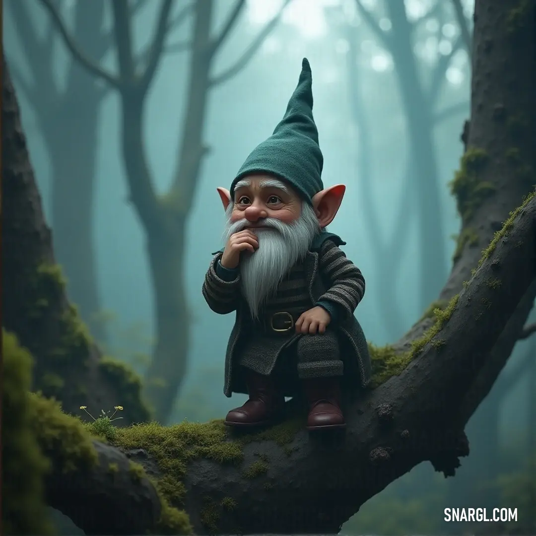 A gnome perched on a sturdy tree branch deep in a lush forest. Moss covers the branch, and the gnome wears a classic green hat, blending perfectly with the vibrant green surroundings.
