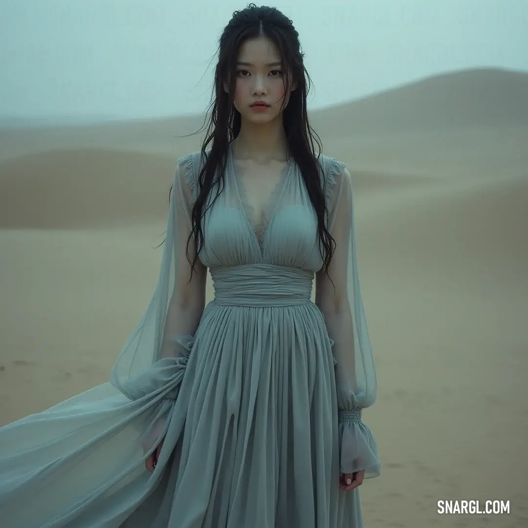 Rina stands poised against the expansive desert, her dress flowing gracefully in the warm breeze, embodying beauty and confidence as the sun casts a radiant glow on this arid expanse. In the heart of the vast desert, Rina stands confidently in her elegant dress, hands on her hips, framed by golden sands under a blazing sun, showcasing strength and allure in the arid landscape.
