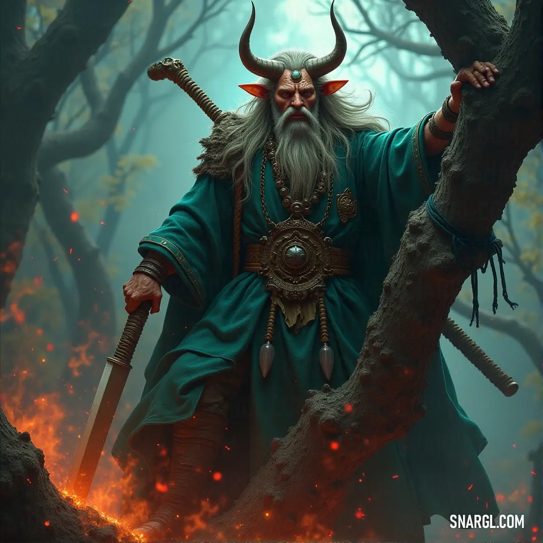 A warrior with horns and a beard stands defiantly in a blazing forest, wielding two swords, surrounded by smoke and fire, ready for battle. A fierce warrior, horns adorning his head, stands in a fiery forest. Two swords gleam in his hands, as smoke swirls around him and flames rage in the background, setting the scene for an intense battle.