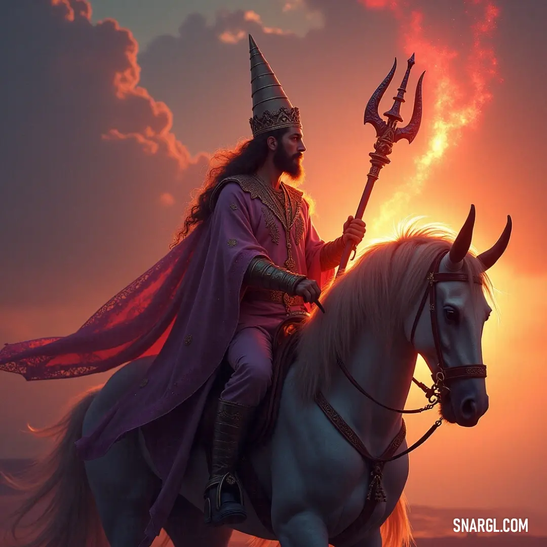 Rincewind clad in purple, astride a striking horned white horse, ready for grand adventures. Rincewind proudly rides atop a magnificent white horse adorned with unique horn-like features, his vibrant purple outfit drawing attention amidst a landscape teeming with adventure.