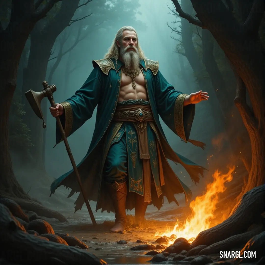 A wizard, his staff raised, stands in a fiery forest, surrounded by burning embers and scattered rocks, ready to face the oncoming storm of fire. With his staff in hand, a wizard stands amidst a charred forest, rocks scattered at his feet, and flames creeping around the edges. His stance is powerful, as if he’s preparing to confront the forces of destruction.
