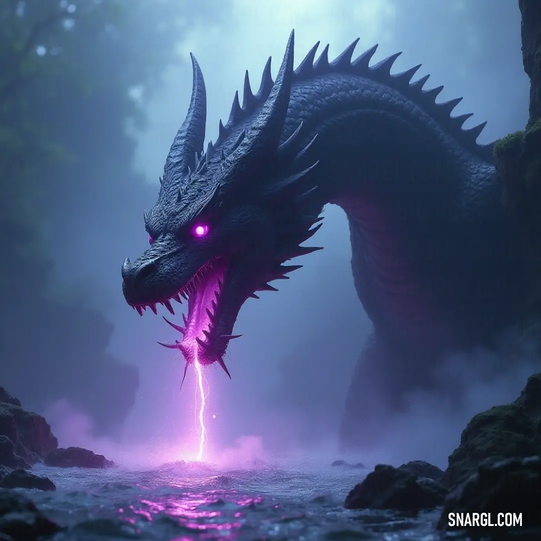 Enigmatic Riptide Serpent in a river fog, glowing eyes and purple light creating an enchanting atmosphere filled with mystery. In a mystical river, a Riptide Serpent emerges from the fog, its glowing eyes and the purple light emanating from its mouth casting an enchanting ambiance across the waters. The scene is shrouded in mystery and magic.