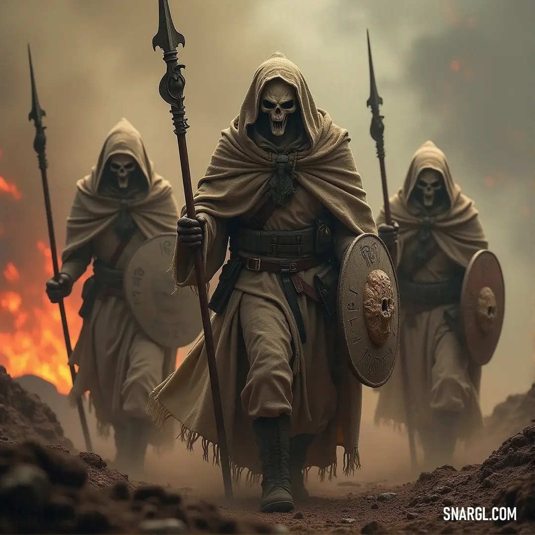 A determined group of men, hooded and armed, traversing a barren desert with a fire burning in the distance, symbolizing the intensity of their journey. A group of battle-ready men clad in hooded garments, armed with spears and shields, marching through a desert wasteland with a blazing fire on the horizon.