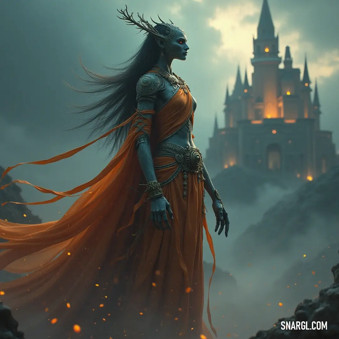 An enchanting specter in a flowing dress poses gracefully before a majestic castle, with a dragon adorning her head, weaving a tale of fantasy and ancient legends. A ghostly figure clad in an elegant dress stands proudly in front of an ancient castle, a dragon perched atop her head, exuding a sense of otherworldly majesty and intrigue amidst the ruins of time.