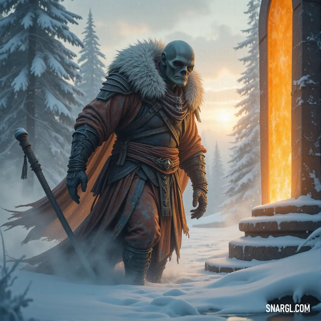 A risen undead warrior clad in a fur coat and brandishing a sword, set against the chilling backdrop of a snowy forest and a colossal pillar. A towering figure of the risen dead, dressed in a fur coat, wielding a sword, standing in a frozen forest beneath a massive pillar that looms over the wintry landscape.