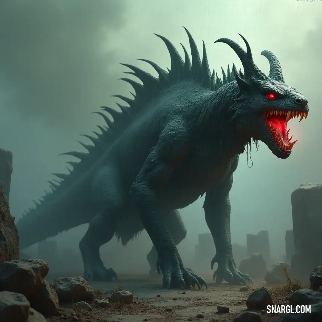 A dynamic portrayal of a large Riven, its piercing red eyes and menacing teeth set against a rugged rocky landscape. The image conveys a sense of wildness and primal power, making it the ultimate wilderness guardian. A fierce-looking Riven with fiery red eyes and razor-sharp teeth, dominating a rocky terrain, its powerful stance commanding attention against the backdrop of jagged rocks and mysterious boulders under a moody sky.
