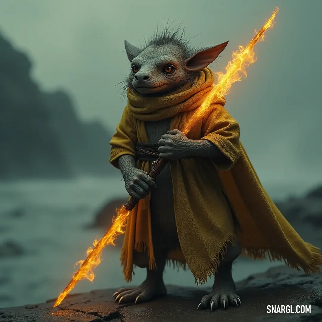 A charismatic Rix, adorned with a long, bright yellow scarf, holds a fire stick confidently in its hand, radiating a sense of adventure and readiness amidst its vibrant surroundings.