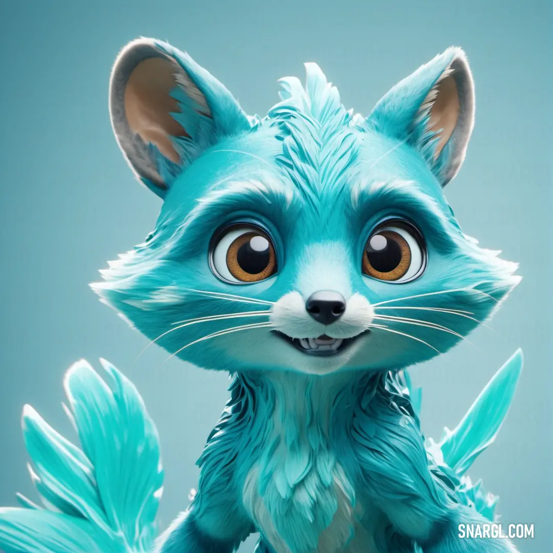 Robin Egg Blue color example: Blue fox with big eyes and a big smile on its face