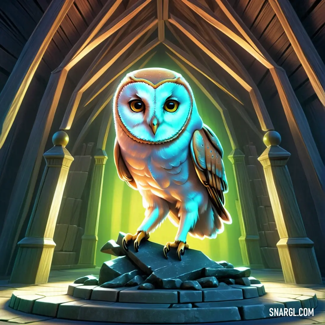 Cartoon owl is standing on a rock in a room with beams and beams on the ceiling and a green light shining on the owl