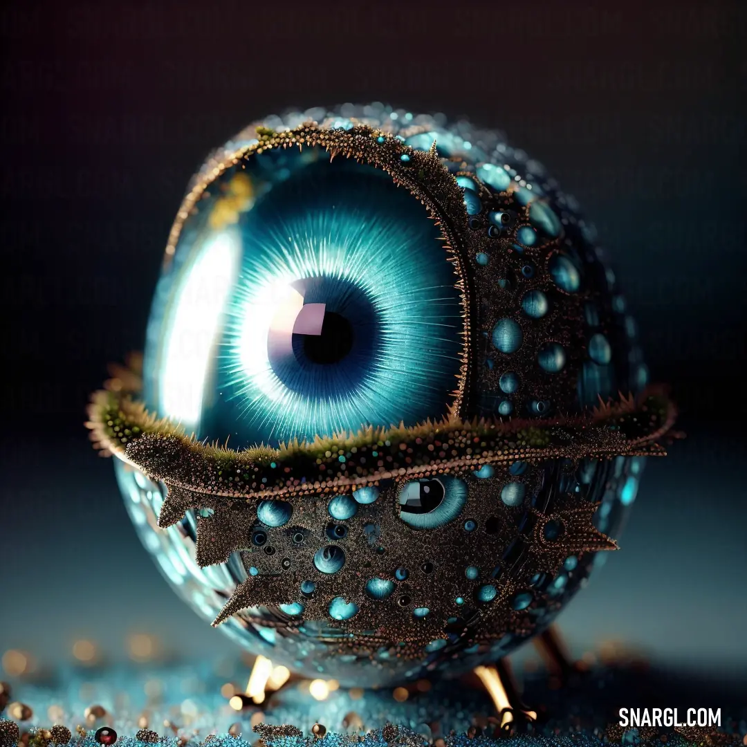 Close up of a blue eyeball with drops of water on it's surface and a black background