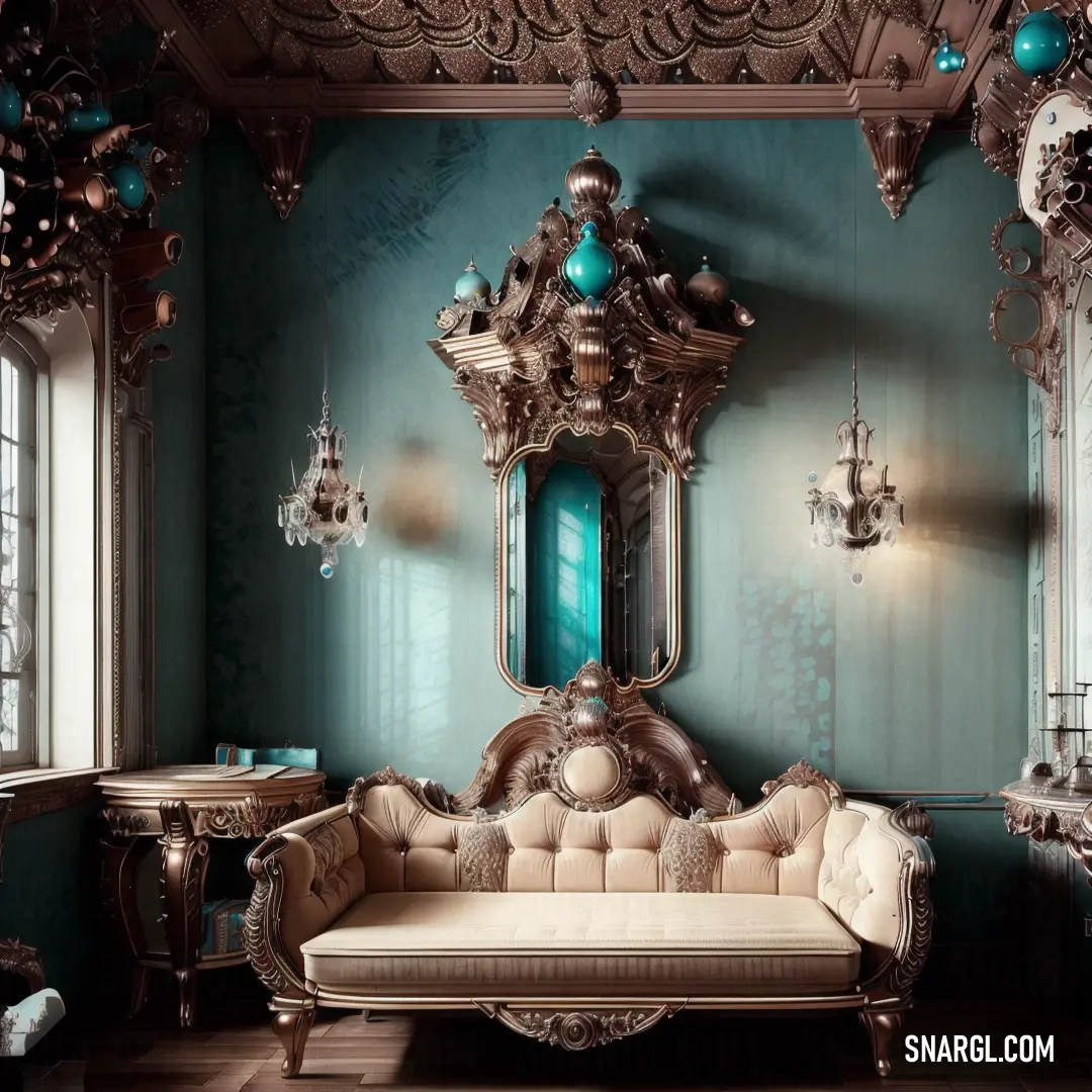 Robin Egg Blue color. Fancy living room with a couch and mirror on the wall and a table with a vase on it