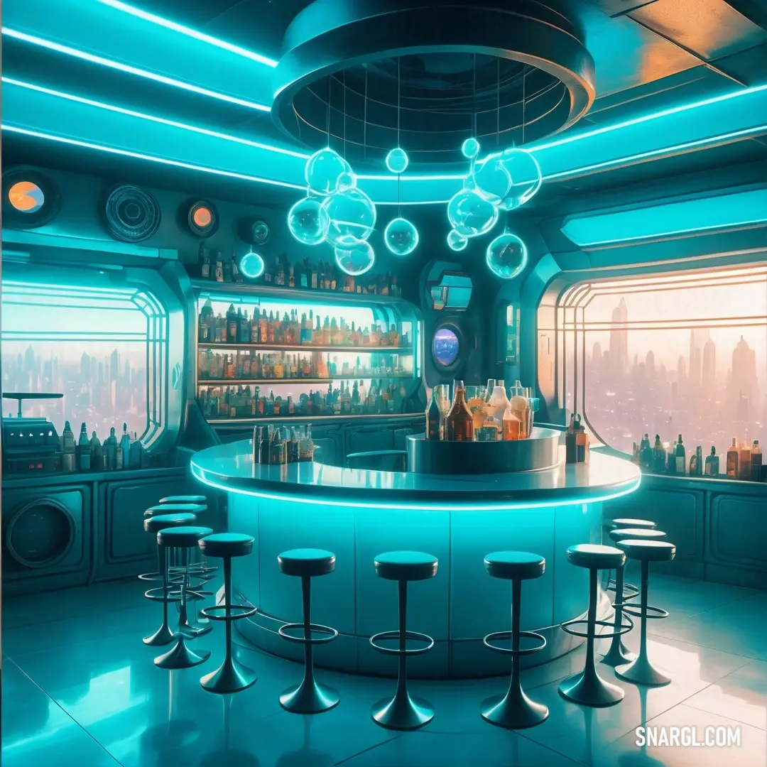 Robin Egg Blue color. Futuristic bar with a lot of stools and a bar counter with bottles on it and a lot of lights