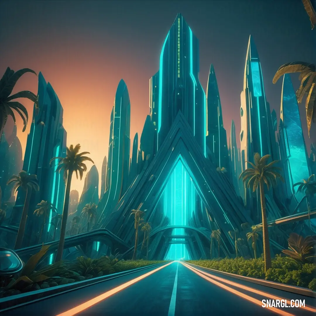 Futuristic city with palm trees and a road leading to it with a tunnel leading to the sky and a car driving down the road