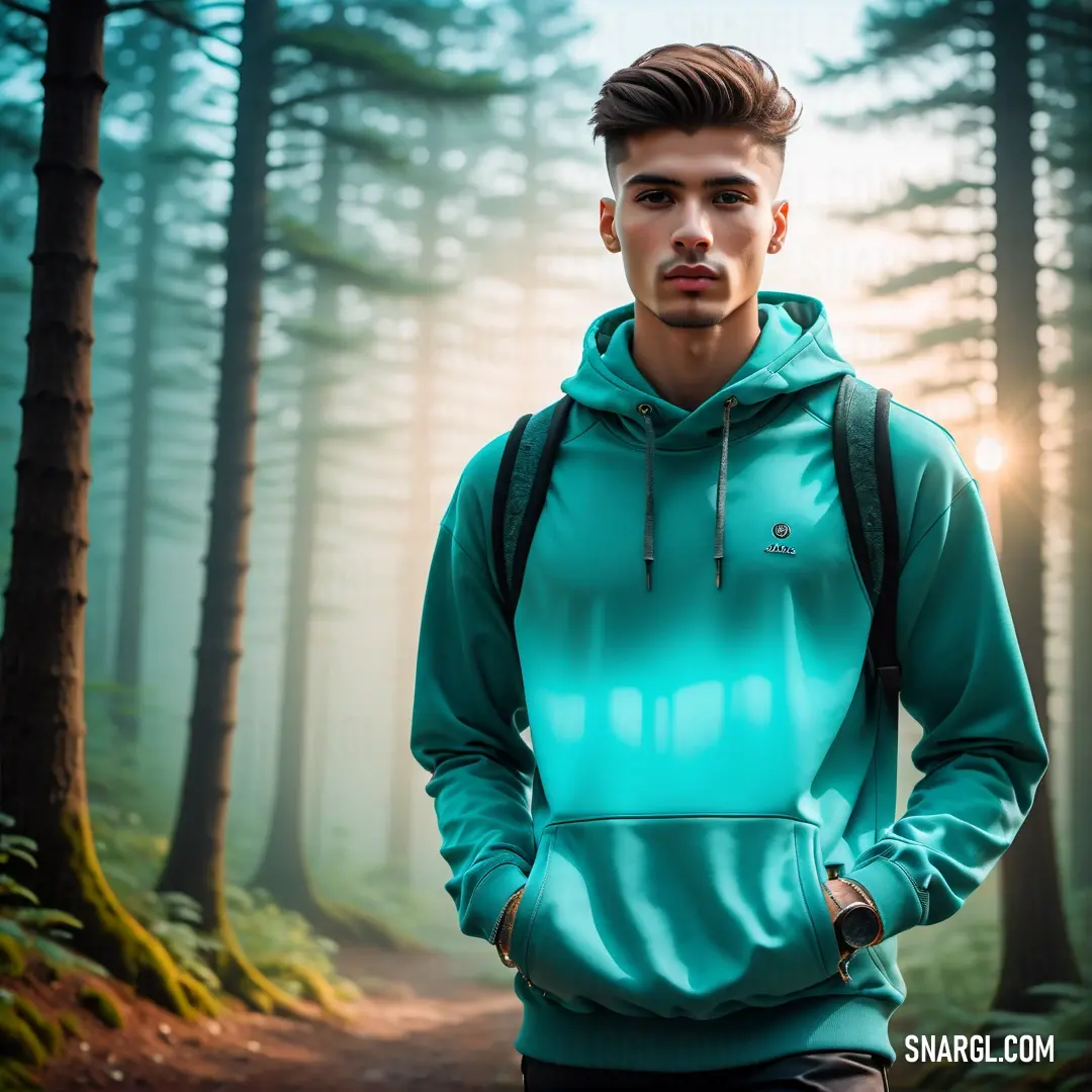 Man in a green hoodie standing in the woods with his hands in his pockets