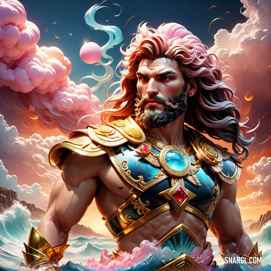 Man with a beard and a beard wearing a costume in the ocean with clouds and a sky background