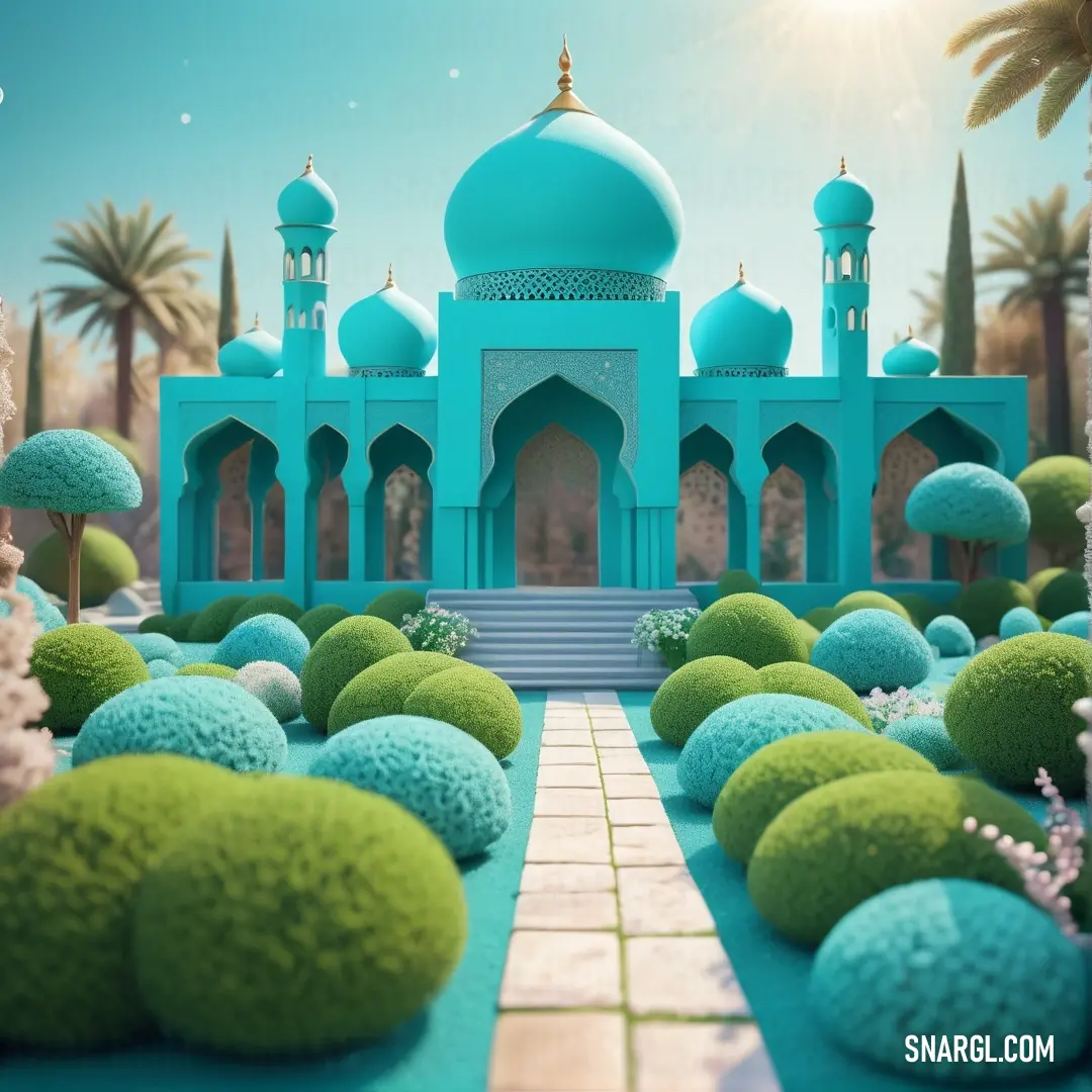 Blue building with a green dome and a walkway between some trees and bushes with flowers in front of it. Color CMYK 85,0,1,19.