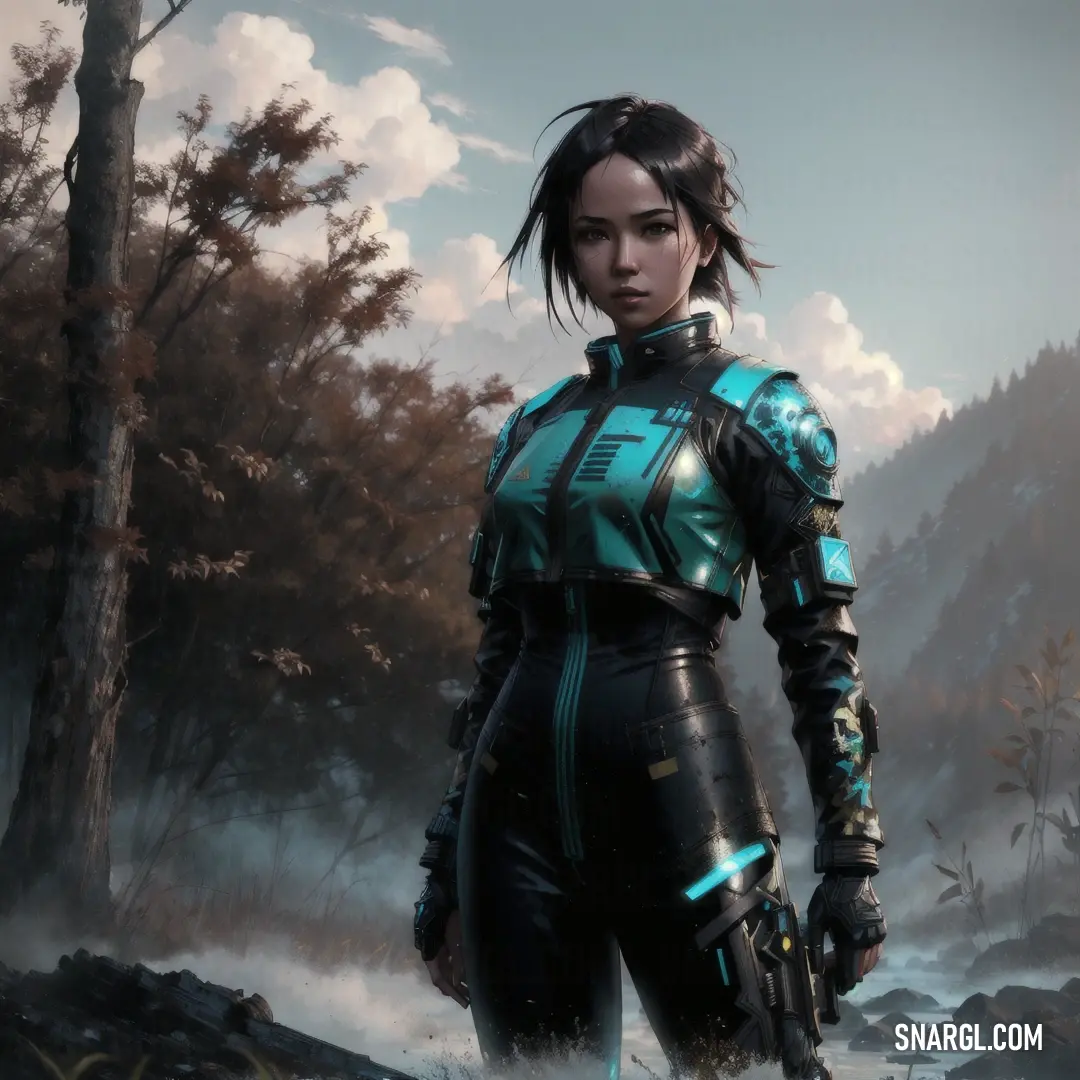 Woman in a futuristic suit standing in a forest with a gun in her hand and a mountain in the background. Example of RGB 31,206,203 color.
