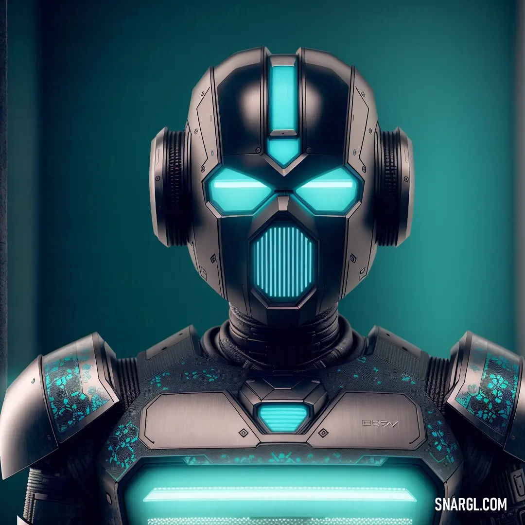Robot with glowing eyes and a blue light on his face is standing in a room with a green wall