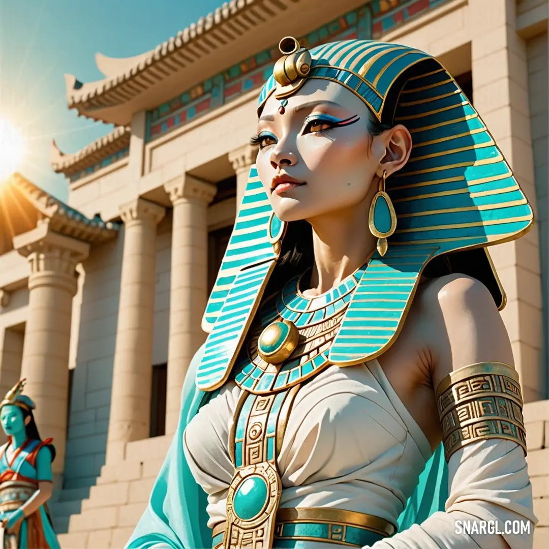 Robin Egg Blue color. Statue of an egyptian queen in front of a building with columns and columns on it's sides