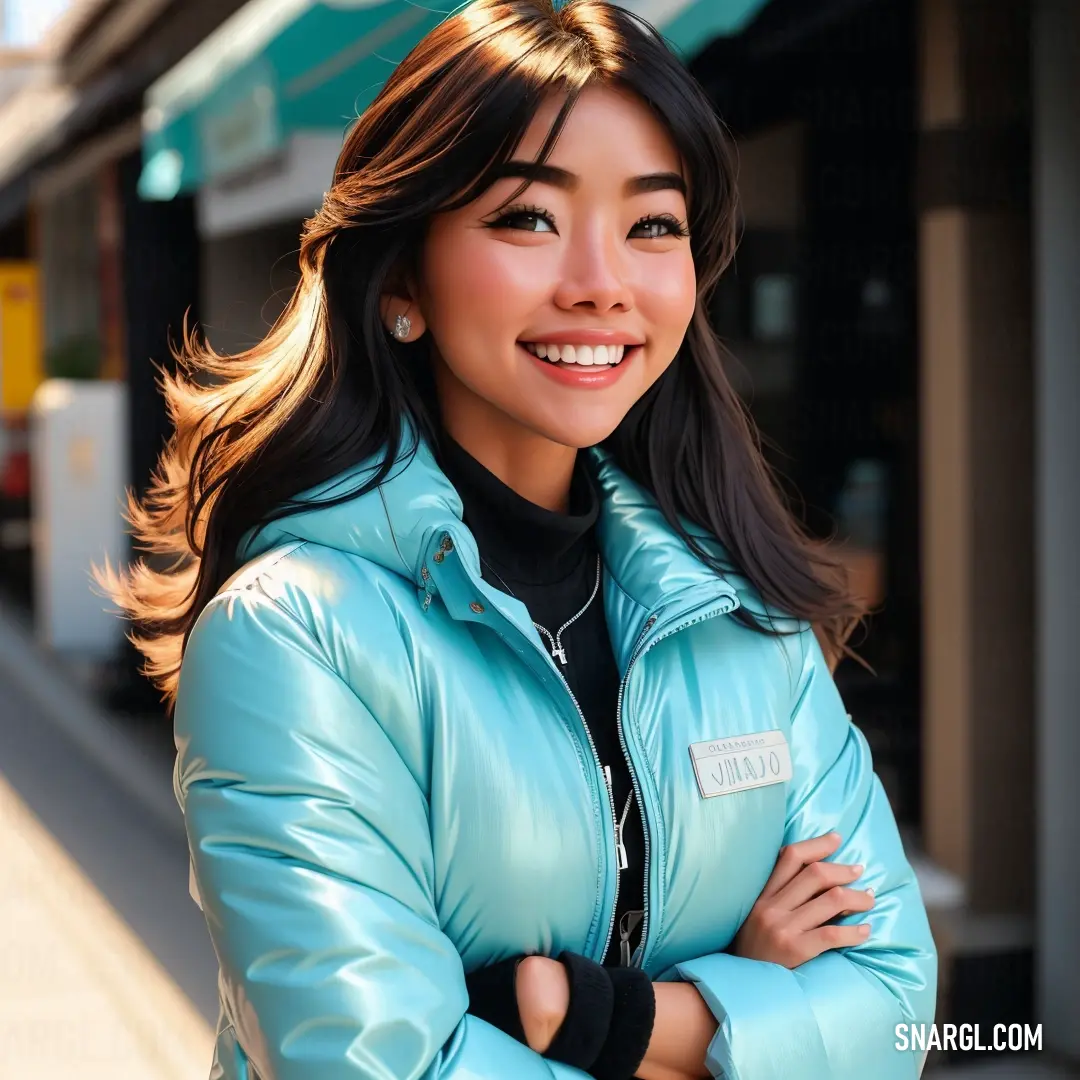 Woman in a blue jacket is smiling for the camera while standing outside a store front with her arms crossed