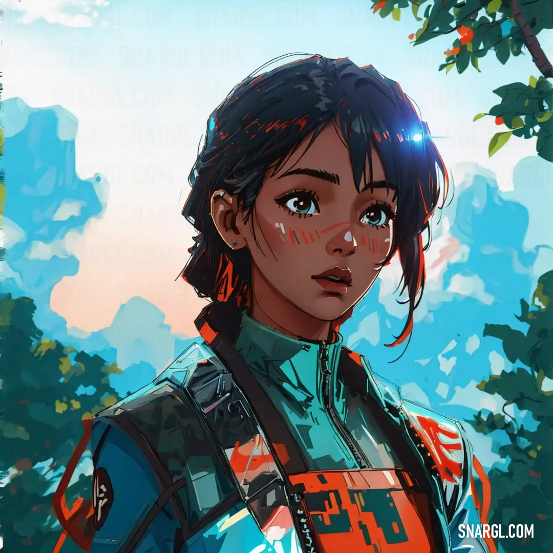 Woman in a futuristic suit standing in front of a tree with a sky background. Example of RGB 31,206,203 color.