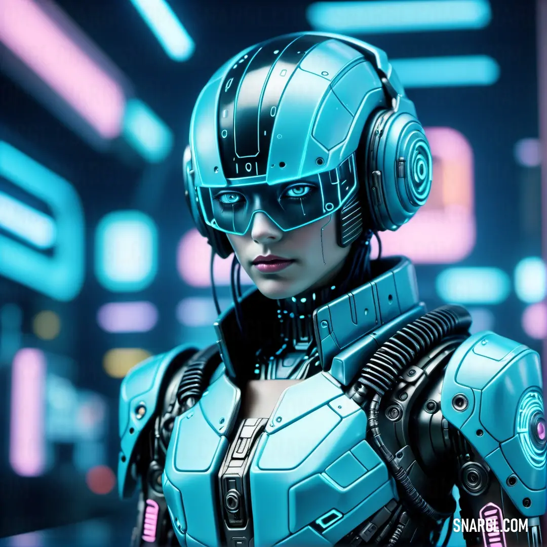 Woman in a futuristic suit with headphones on her head and a futuristic background with neon lights