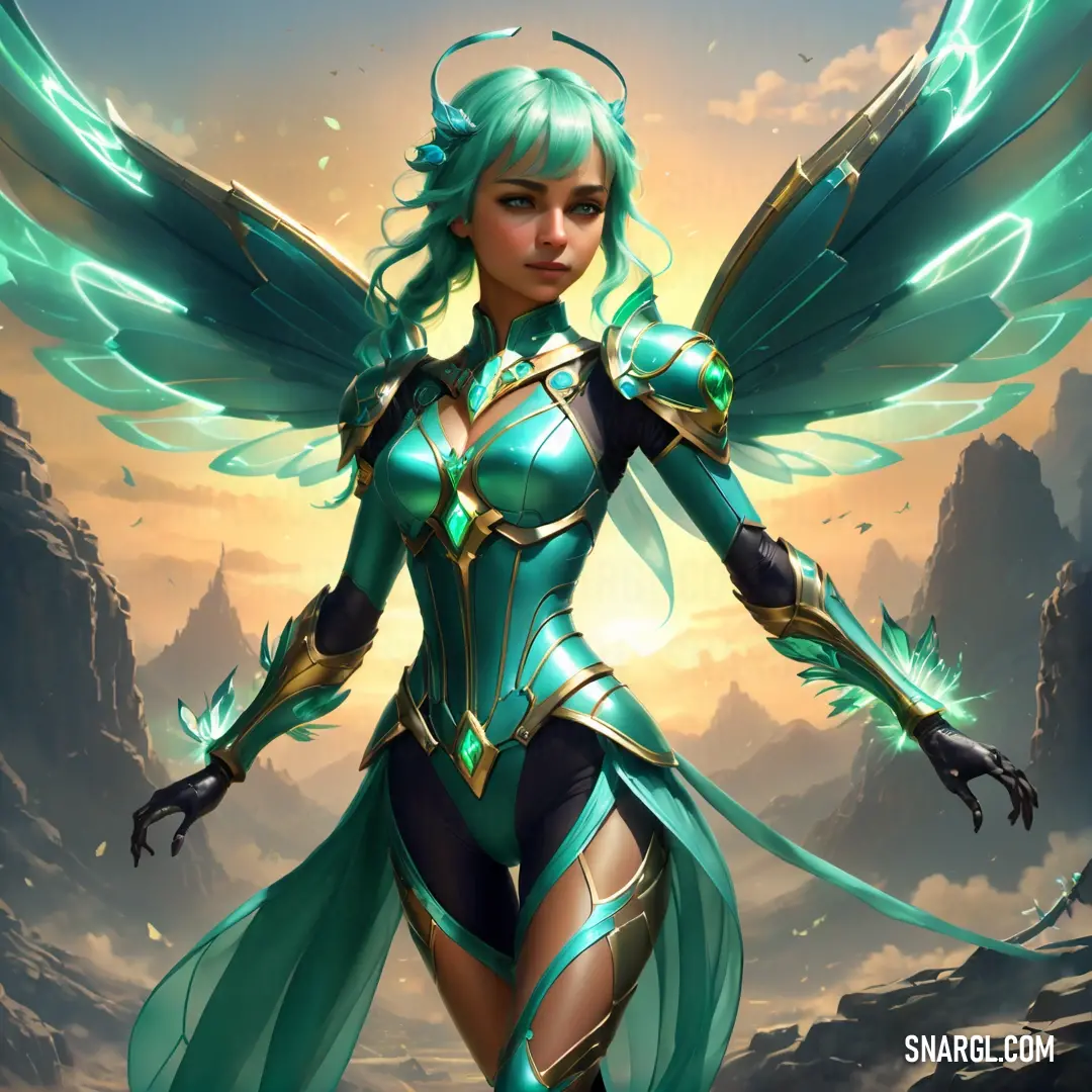 Woman in a green outfit with wings on her body and a sky background with clouds