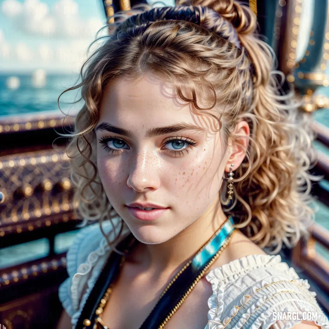 Woman with curly hair and blue eyes is on a boat looking at the camera with a serious look on her face
